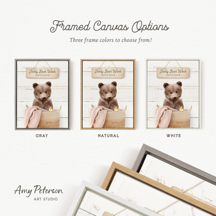 three framed canvas options featuring a teddy bear in a basket, with each option having a different frame color: gray, natural, and white.