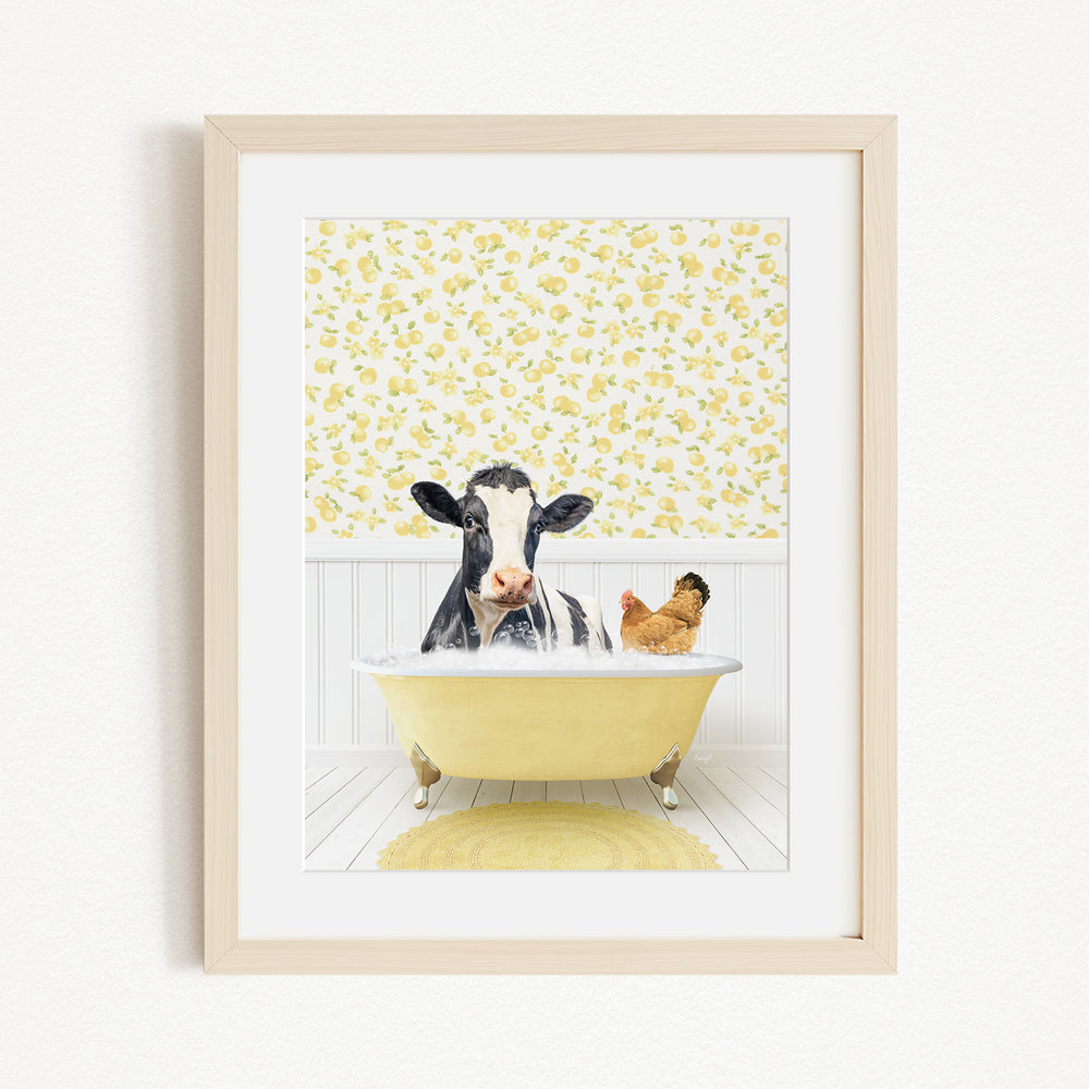A black and white cow is sitting in a yellow bathtub, surrounded by a chicken and a rooster, against a yellow and white floral wallpaper background.