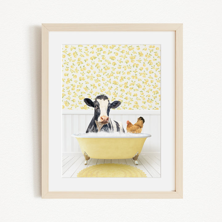 A black and white cow is sitting in a yellow bathtub, surrounded by a chicken and a rooster, against a yellow and white floral wallpaper background.