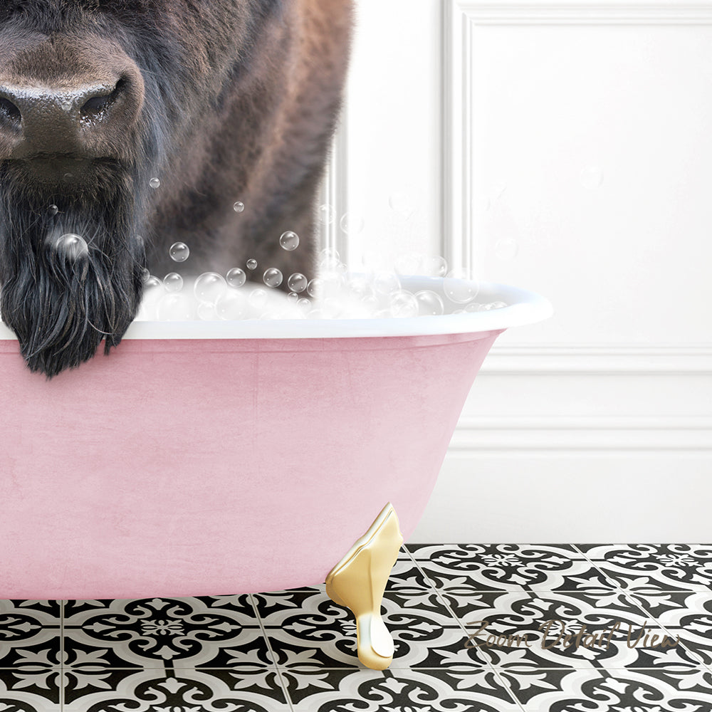 A dog with a long, shaggy coat is standing in a pink bathtub filled with bubbles, with its head partially submerged in the water.
