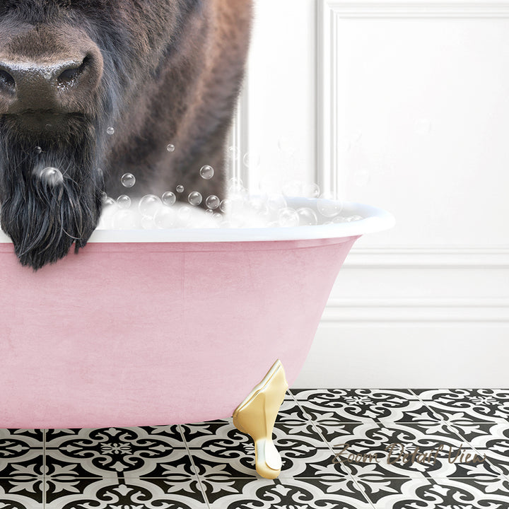 A dog with a long, shaggy coat is standing in a pink bathtub filled with bubbles, with its head partially submerged in the water.