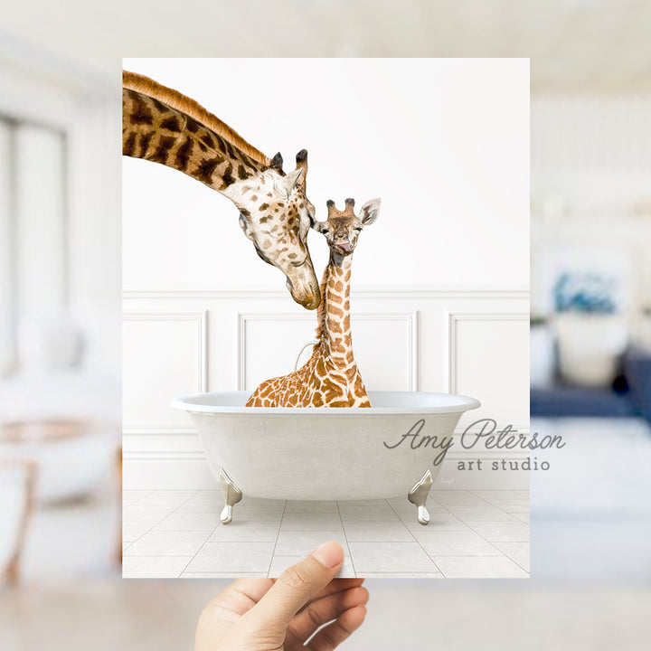 a giraffe sticking its head into a bathtub with another giraffe