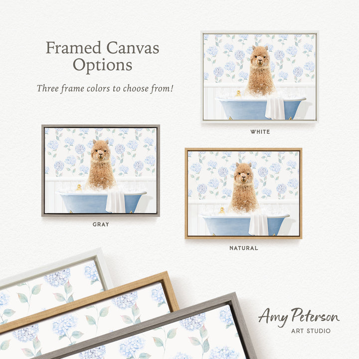 The image is a framed canvas with three different options for frame colors: white, gray, and natural. The canvas features a brown dog sitting in a bathtub, surrounded by blue flowers.
