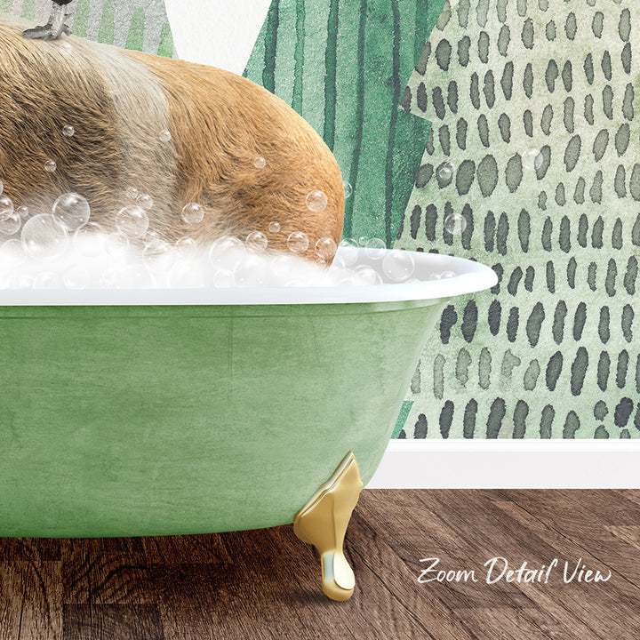 A dog is sitting in a green bathtub filled with bubbles, enjoying a relaxing bath.