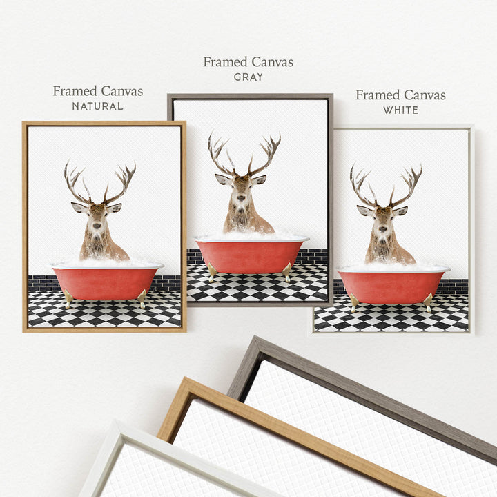 a framed picture of a deer in a red bathtub, with three different colored frames displayed side by side.