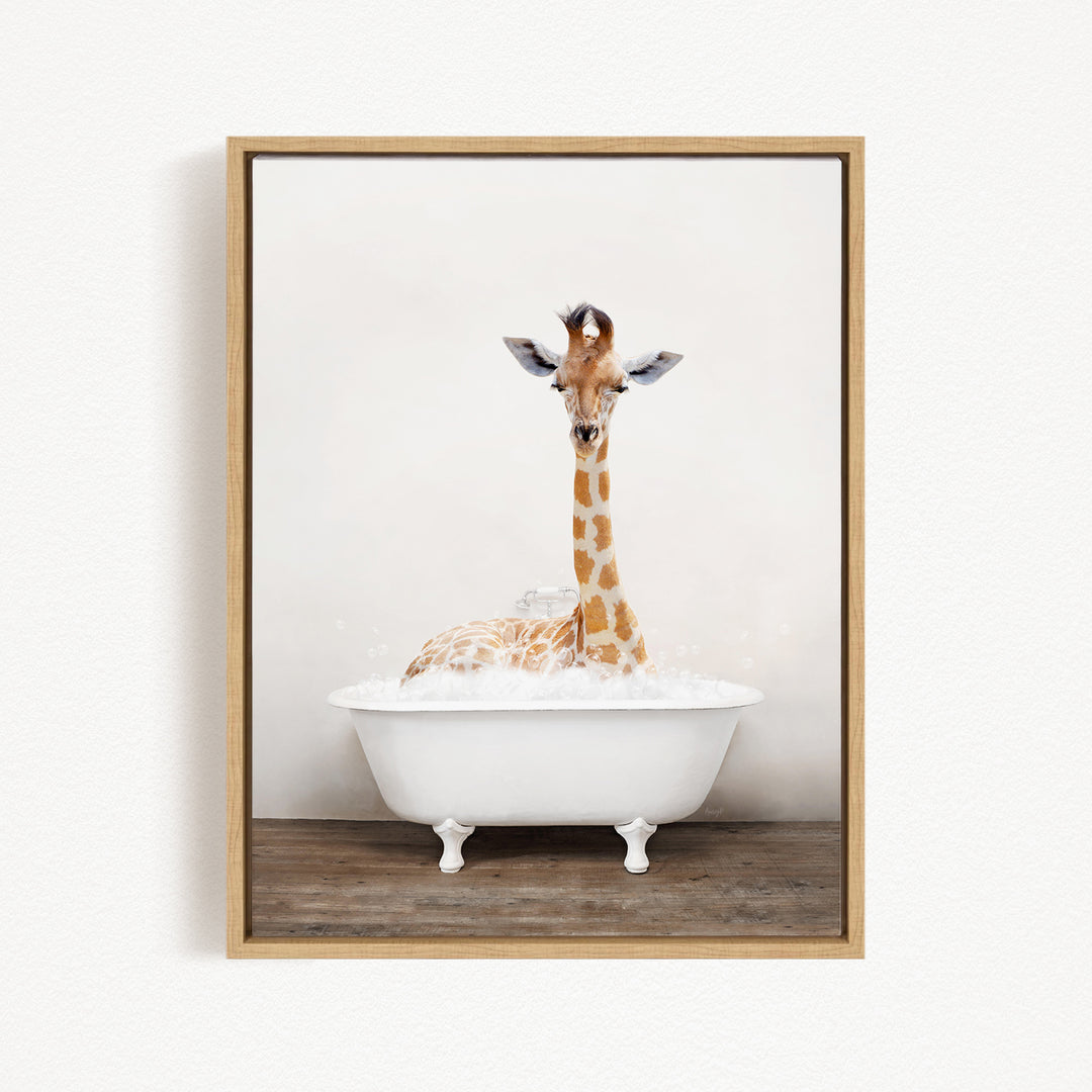 A giraffe sitting in a white bathtub filled with bubbles, creating a whimsical and playful scene.