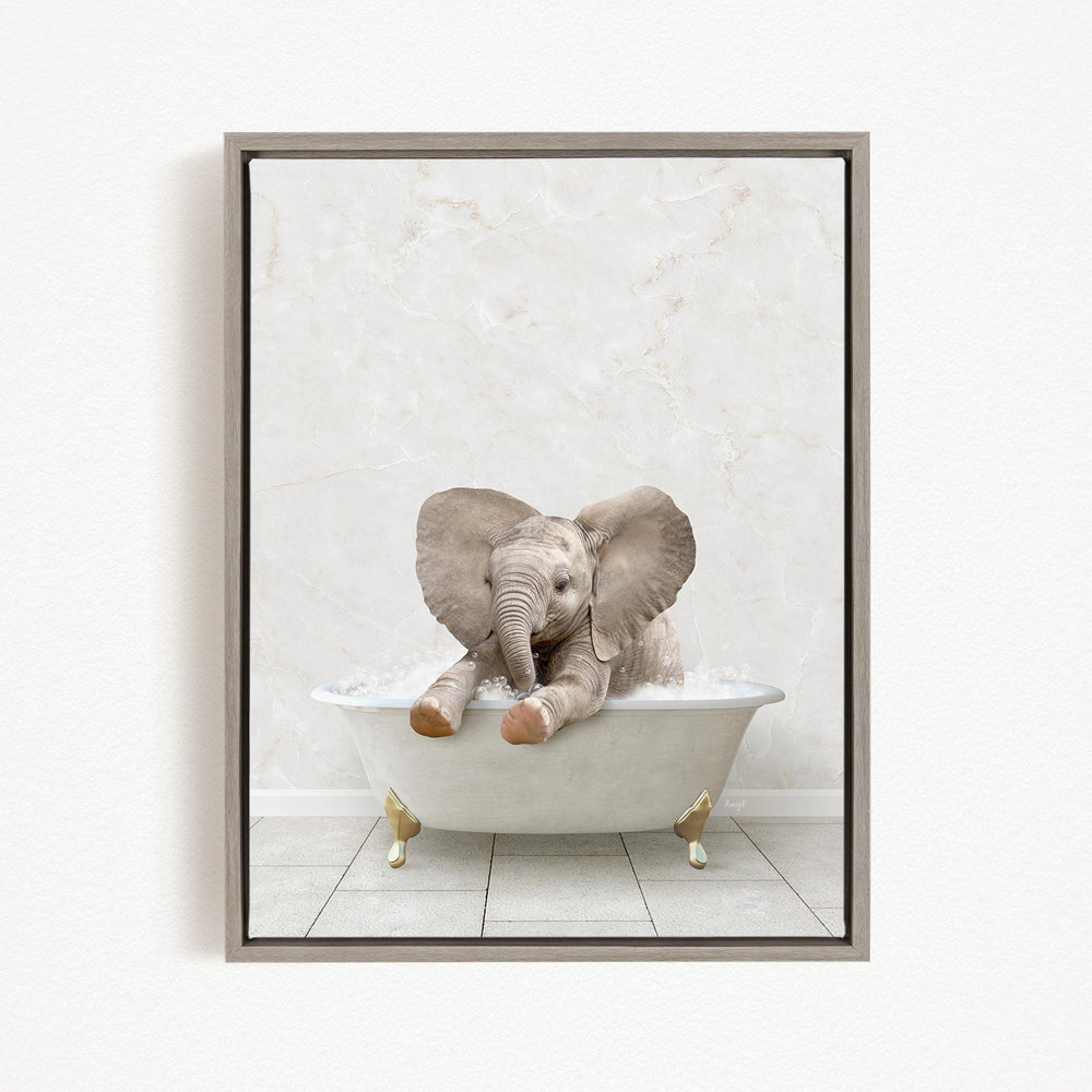 A baby elephant sitting in a bathtub filled with water, surrounded by a white marble-like background.