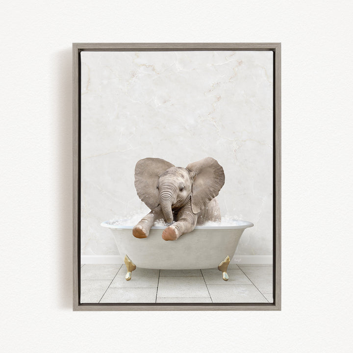 A baby elephant sitting in a bathtub filled with water, surrounded by a white marble-like background.
