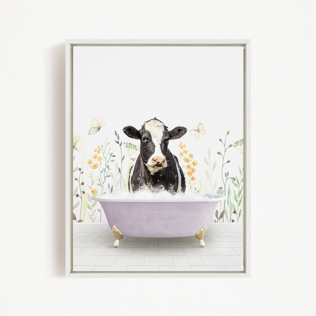 A black and white cow is sitting in a purple bathtub filled with water, surrounded by flowers and butterflies.