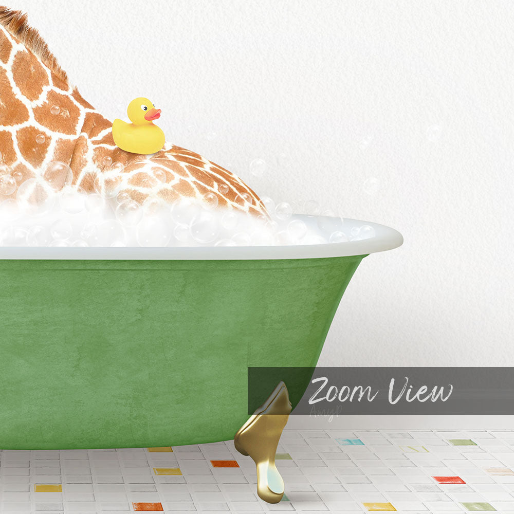 A giraffe sitting in a green bathtub filled with bubbles, with a rubber duck floating on the water.