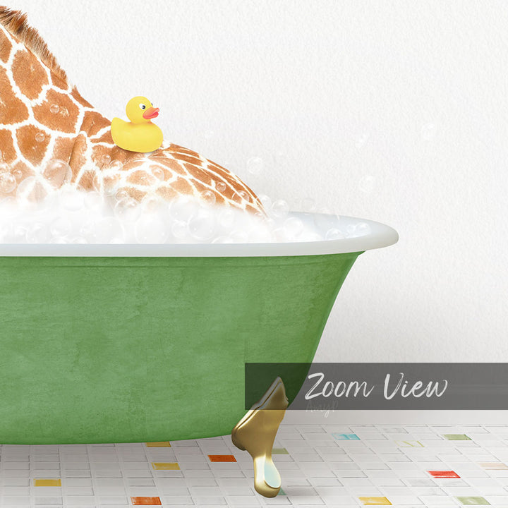A giraffe sitting in a green bathtub filled with bubbles, with a rubber duck floating on the water.