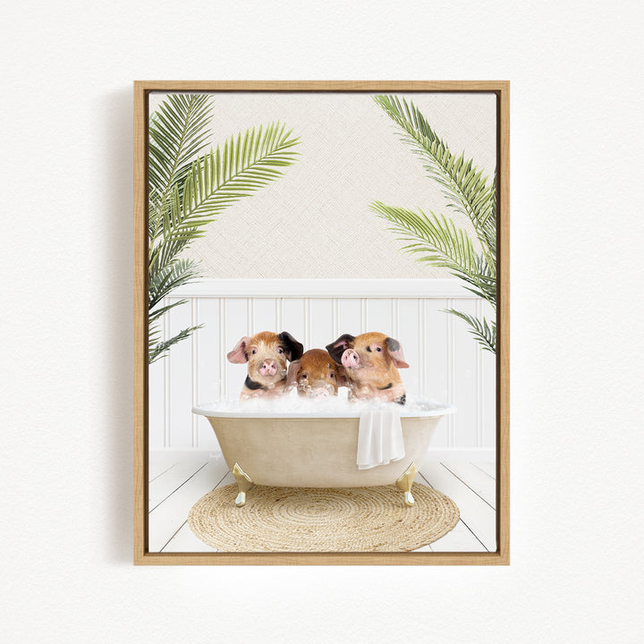 Three adorable pigs sitting in a bathtub, surrounded by lush green palm leaves, creating a whimsical and relaxing scene.