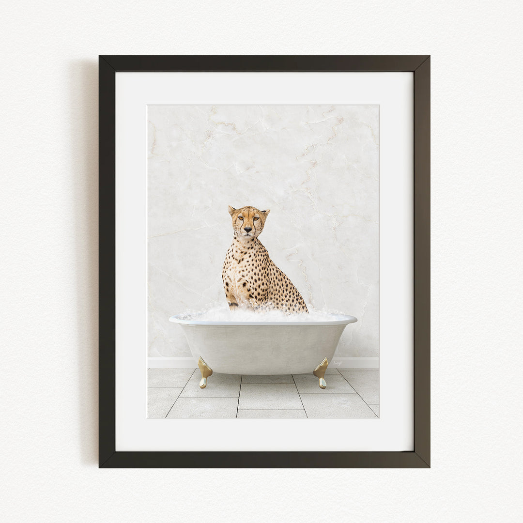 A cheetah sitting in a white bathtub filled with water, creating a whimsical and playful scene.