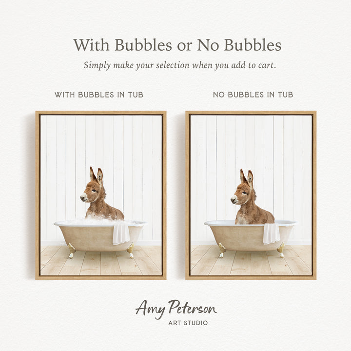 The image is a collage of two pictures featuring a donkey sitting in a bathtub. The donkey is sitting on a towel, and there are two bathtubs in the images. The collage includes text that provides instructions for selecting the bathtub with bubbles or without bubbles, and the artist's name, Amy Peterson, is credited at the bottom.