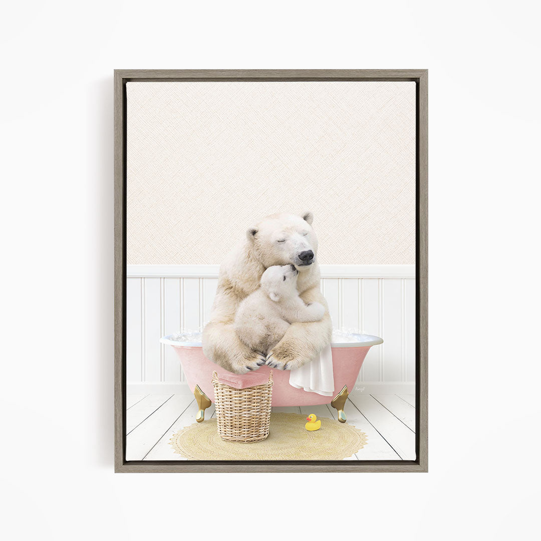 A polar bear and its cub sitting in a pink bathtub, surrounded by a yellow rubber duck and a basket.