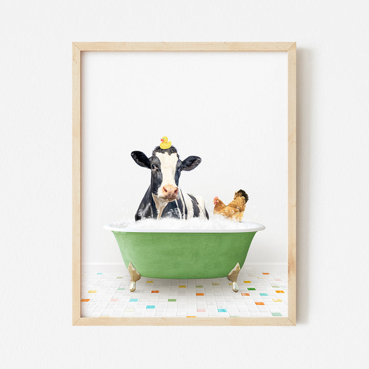 a picture of a cow in a bathtub with two dogs