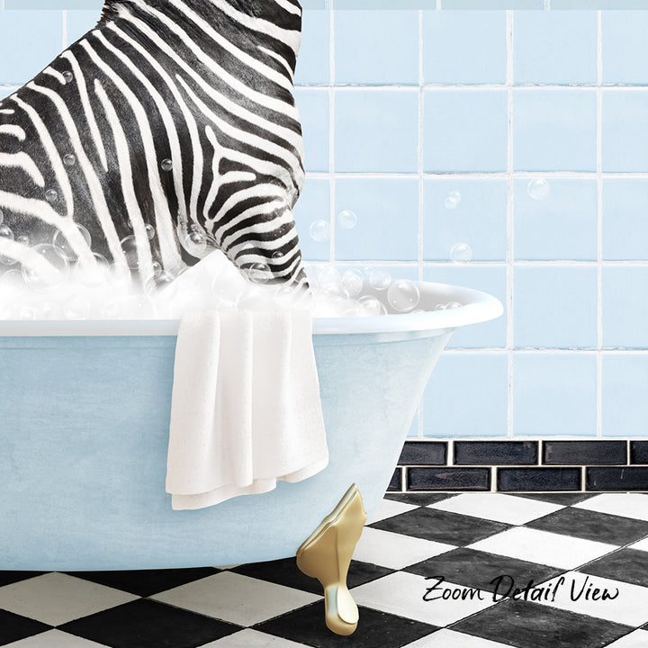 A zebra standing in a bathtub filled with bubbles, with a towel hanging on the side and a pair of shoes placed on the floor.