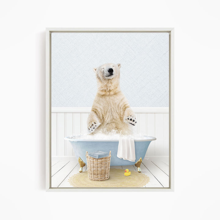A polar bear is sitting in a bathtub filled with water, surrounded by a yellow rubber duck and a wicker basket.