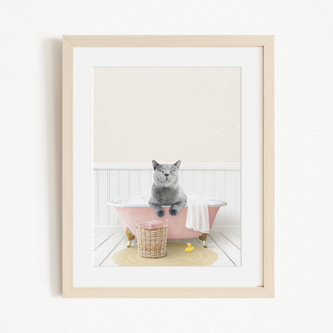 A gray cat sitting in a pink bathtub, with a yellow rubber duck nearby and a basket of bath toys on the floor.
