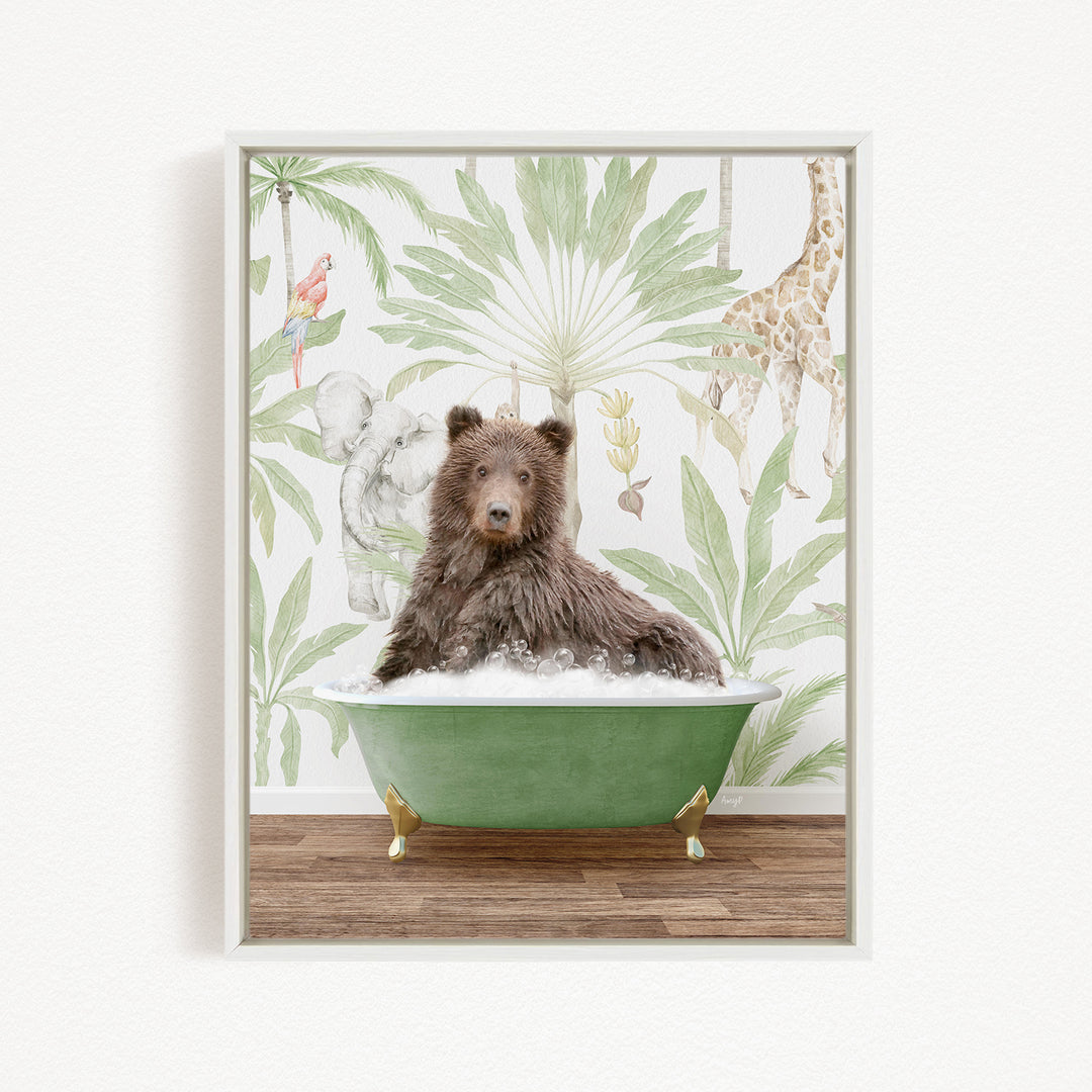 A brown bear is sitting in a green bathtub, surrounded by a tropical wallpaper with various animals such as a giraffe, elephant, and parrot.