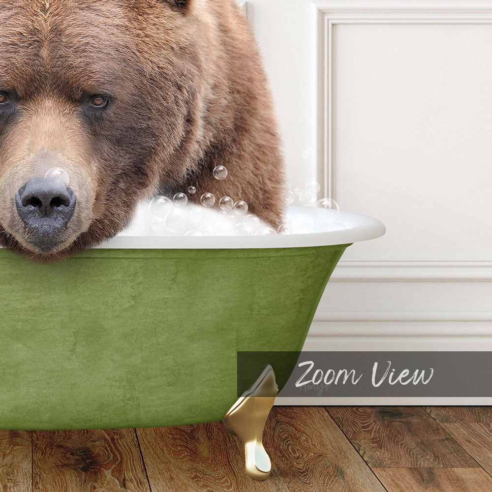 A large brown bear is sitting in a green bathtub filled with bubbles, creating a whimsical and amusing scene.