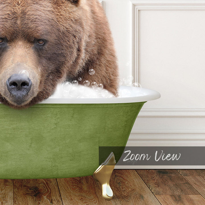 A large brown bear is sitting in a green bathtub filled with bubbles, creating a whimsical and amusing scene.