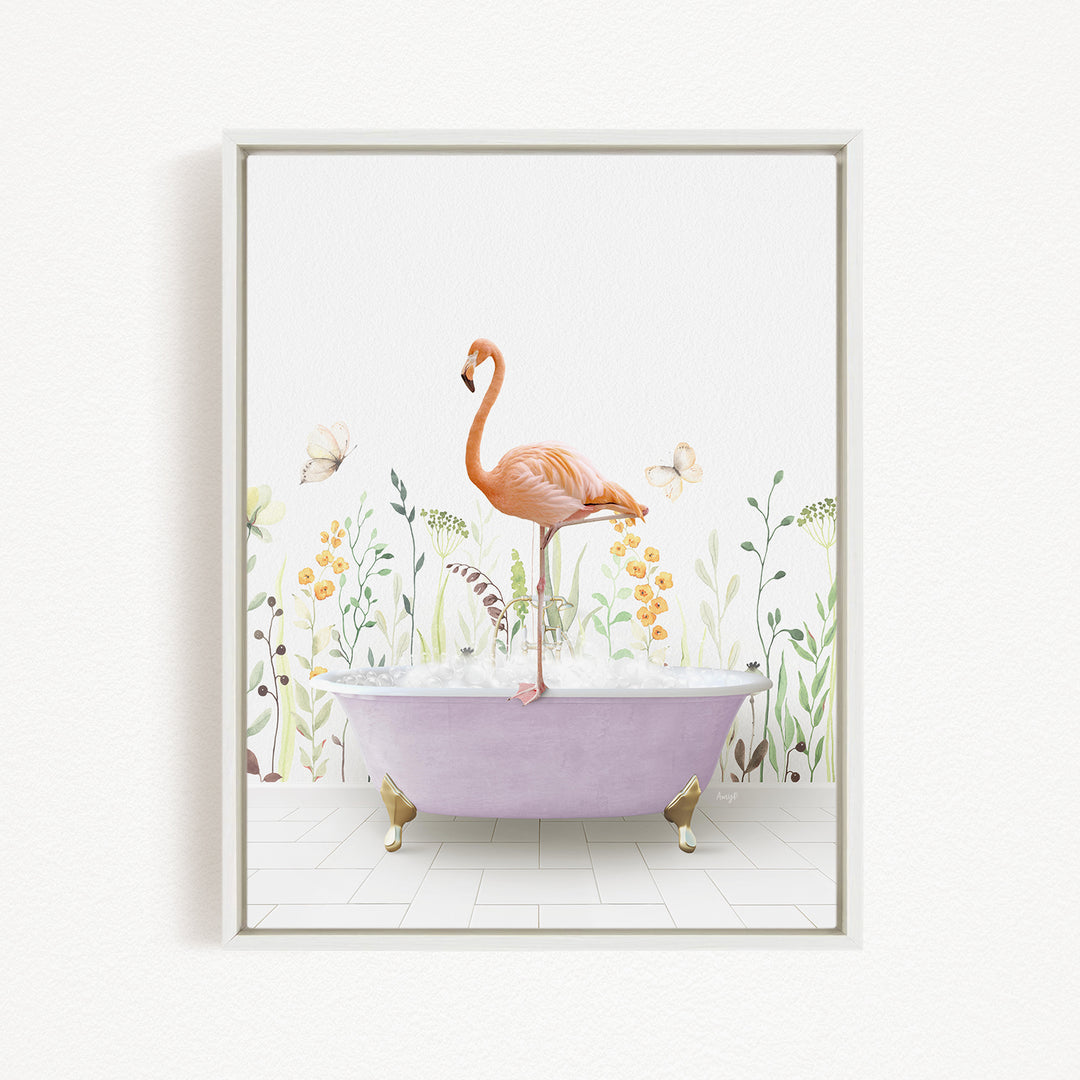 A pink flamingo stands on a purple bathtub, surrounded by a floral background with butterflies and flowers.