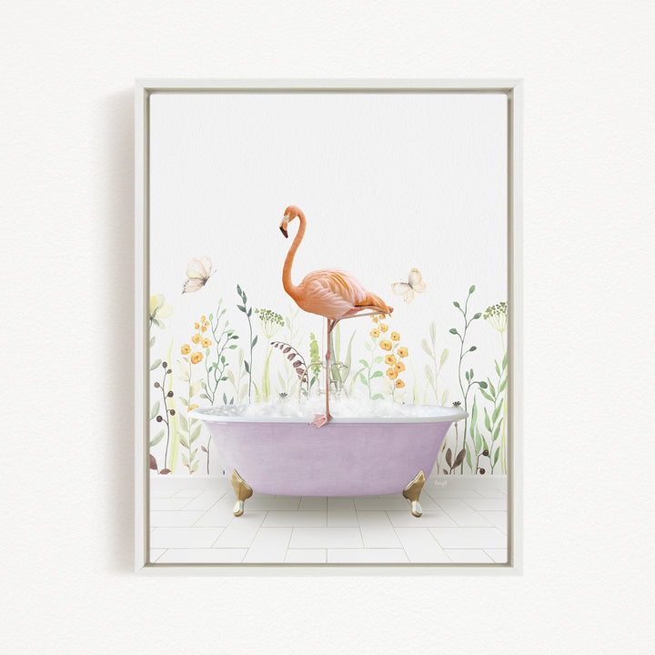 A pink flamingo stands on a purple bathtub, surrounded by a floral background with butterflies and flowers.