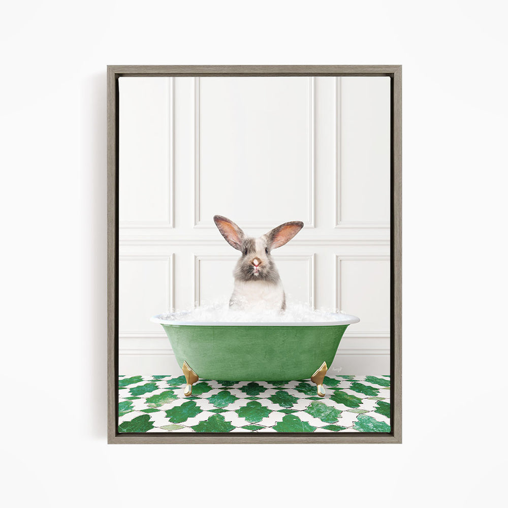 A white rabbit sitting in a green bathtub filled with water, with its head poking out of the tub.