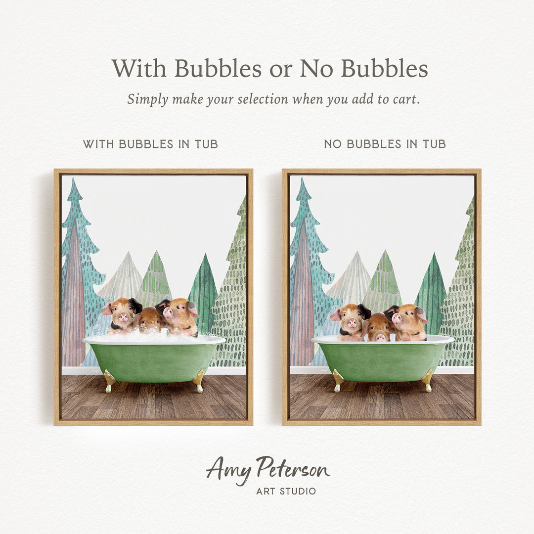 The image is a collage of two pictures, each featuring a green bathtub with three small animals, likely hamsters, sitting in it. The text above the images reads "With Bubbles or No Bubbles" and below the images, it says "Simply make your selection when you add to cart."