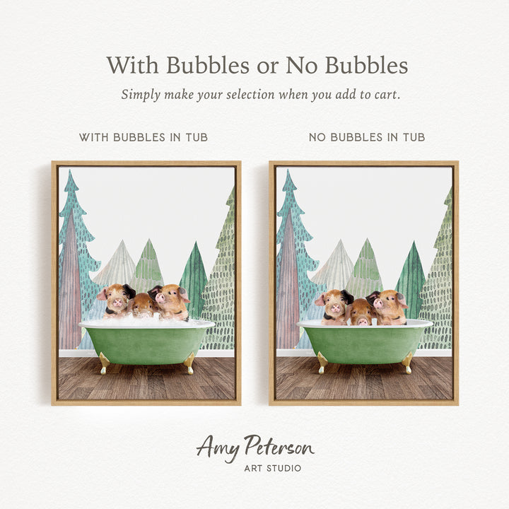 The image is a collage of two pictures, each featuring a green bathtub with three small animals, likely hamsters, sitting in it. The text above the images reads "With Bubbles or No Bubbles" and below the images, it says "Simply make your selection when you add to cart."