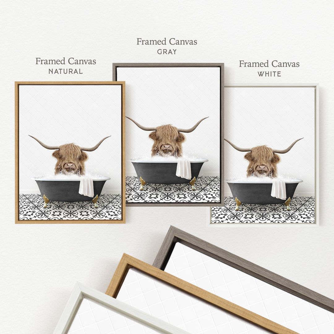 a framed picture of a Highland cow sitting in a bathtub, with three different colored frames labeled " Framed Canvas Natural", " Framed Canvas Gray", and " Framed Canvas White".