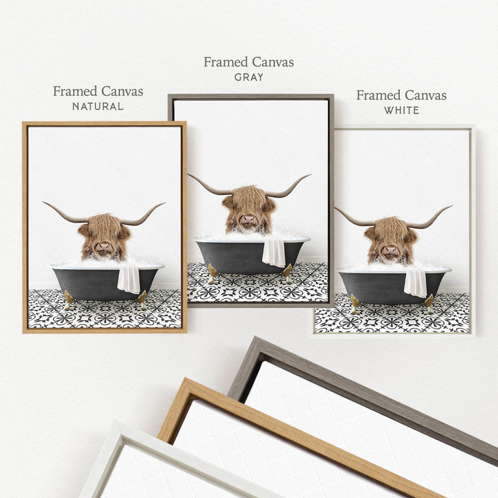 a framed picture of a Highland cow sitting in a bathtub, with three different colored frames labeled " Framed Canvas Natural", " Framed Canvas Gray", and " Framed Canvas White".