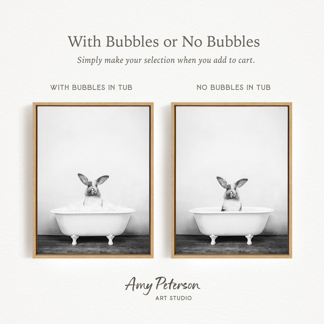 The image is a black and white photograph of a rabbit sitting in a bathtub, with the rabbit appearing to be enjoying the bath. The image is framed and appears to be a part of a collage.