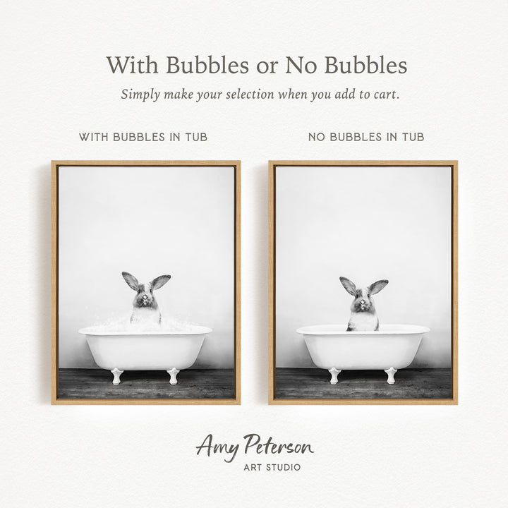 The image is a black and white photograph of a rabbit sitting in a bathtub, with the rabbit appearing to be enjoying the bath. The image is framed and appears to be a part of a collage.