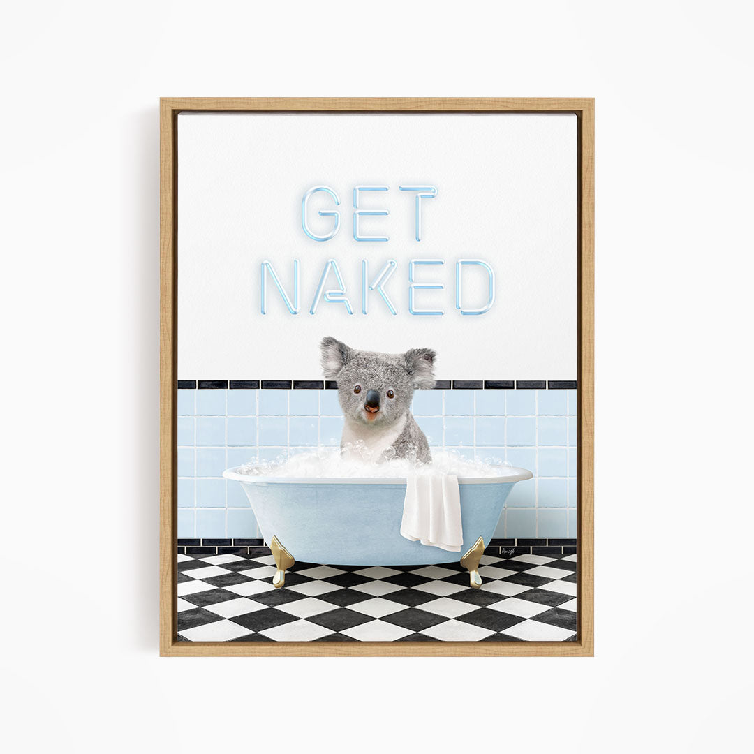 A koala sitting in a bathtub with the text "GET NAKED" displayed above it.