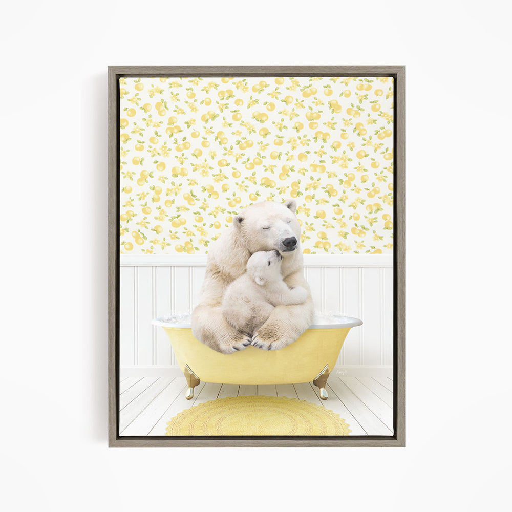 A polar bear cub sitting in a yellow bathtub, with a yellow floral wallpaper behind it.