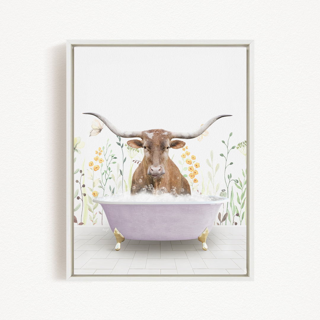 A brown bull with large horns is sitting in a purple bathtub filled with water, surrounded by flowers and plants.
