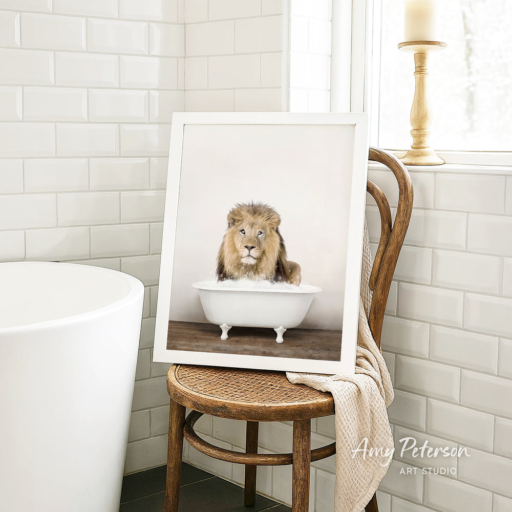 A framed photograph of a lion sitting in a white bathtub, with a towel draped over the back of a wooden chair in the background.