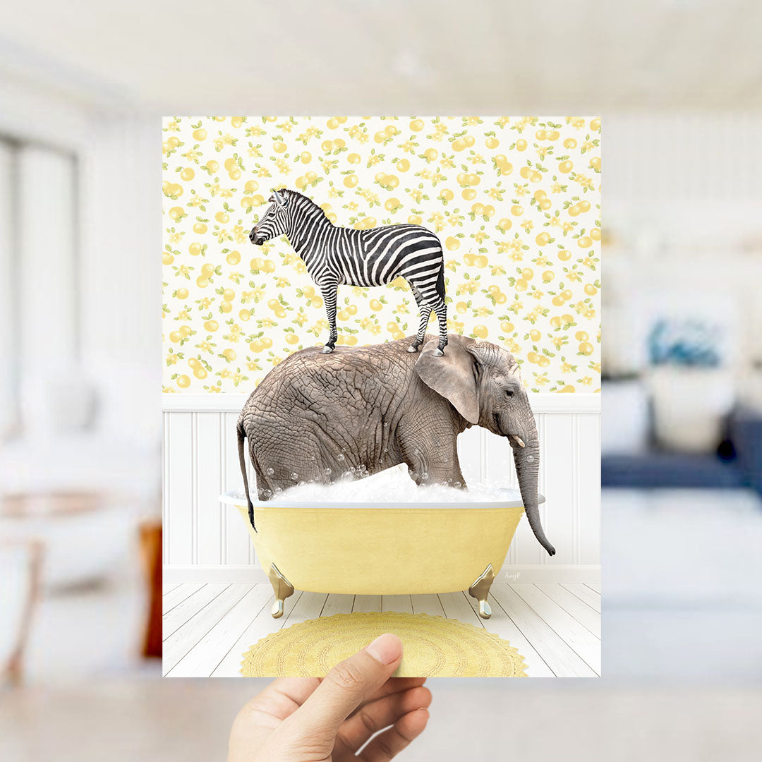 A zebra standing on the back of an elephant, both in a yellow bathtub, against a yellow and white floral background.