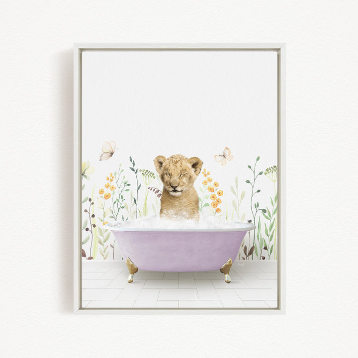 A young lion cub sitting in a purple bathtub filled with bubbles, surrounded by flowers and butterflies.