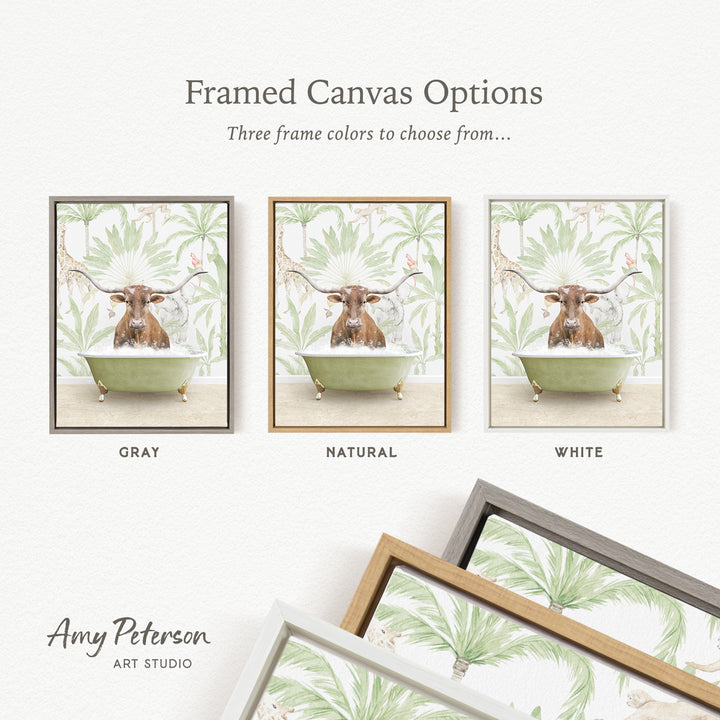 three framed canvas options featuring a longhorn cow sitting in a bathtub, each with a different frame color: gray, natural, and white.