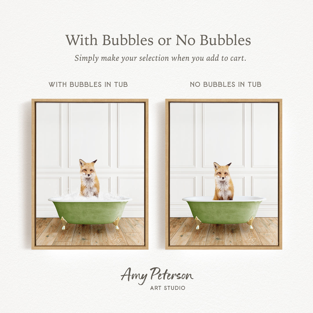 The image is a collage of two framed pictures, each featuring a cat sitting in a bathtub. The cat appears to be a fox, and the bathtub is green. The text above the images reads "With Bubbles or No Bubbles" and below the images, it says "Simply make your selection when you add to cart."