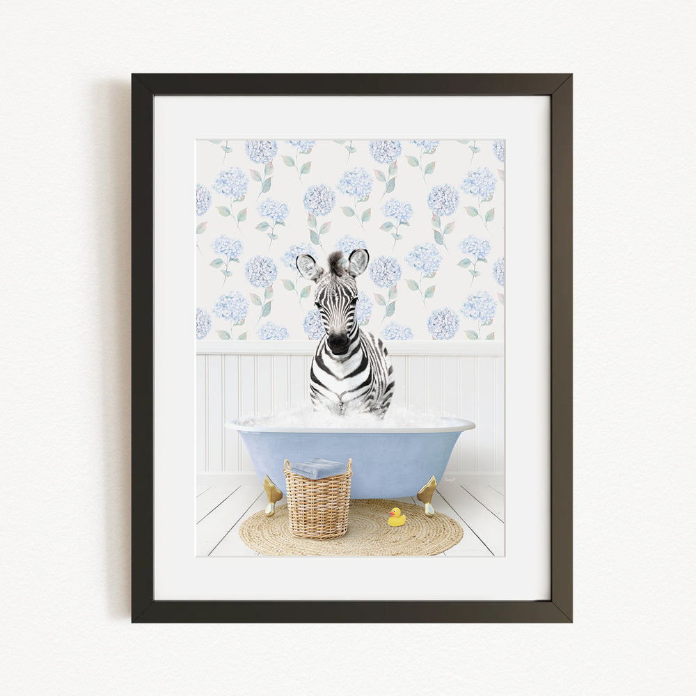 A zebra sitting in a blue bathtub filled with water, surrounded by a floral patterned wall and a basket of rubber ducks.