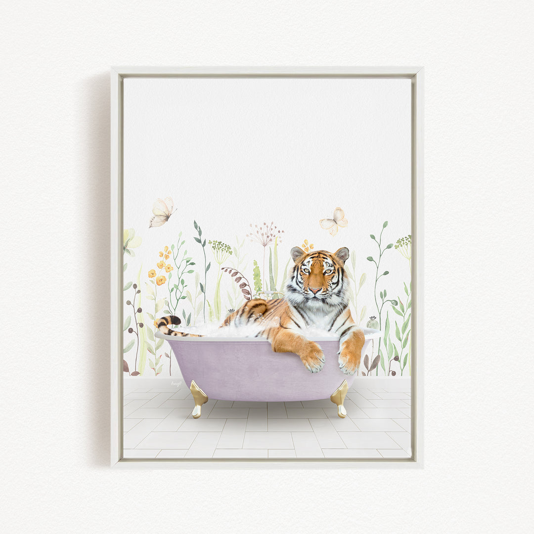 A tiger is sitting in a purple bathtub filled with water, surrounded by flowers and butterflies.