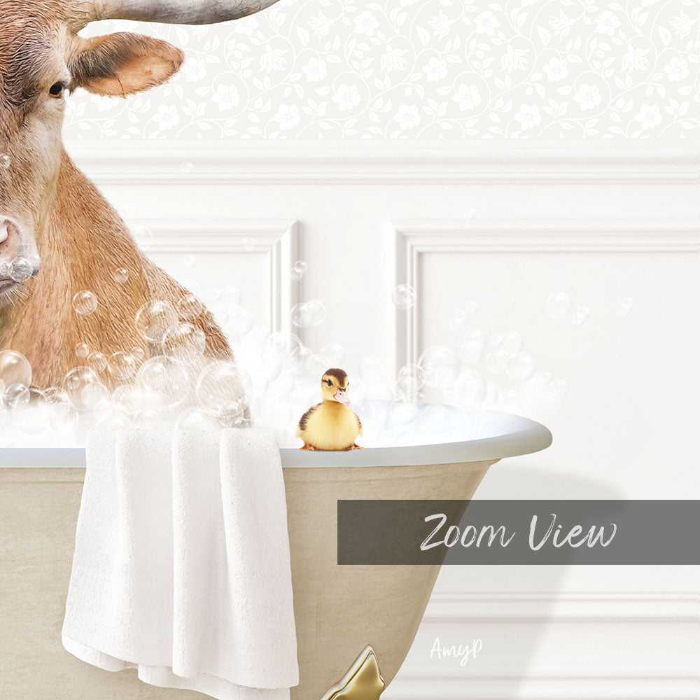 A cow is sitting in a bathtub filled with bubbles, with a small yellow duck perched on the edge of the tub.