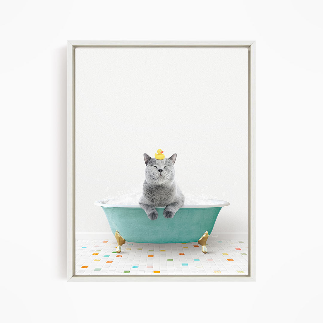 A gray cat sitting in a green bathtub, with a yellow rubber duck perched on its head.