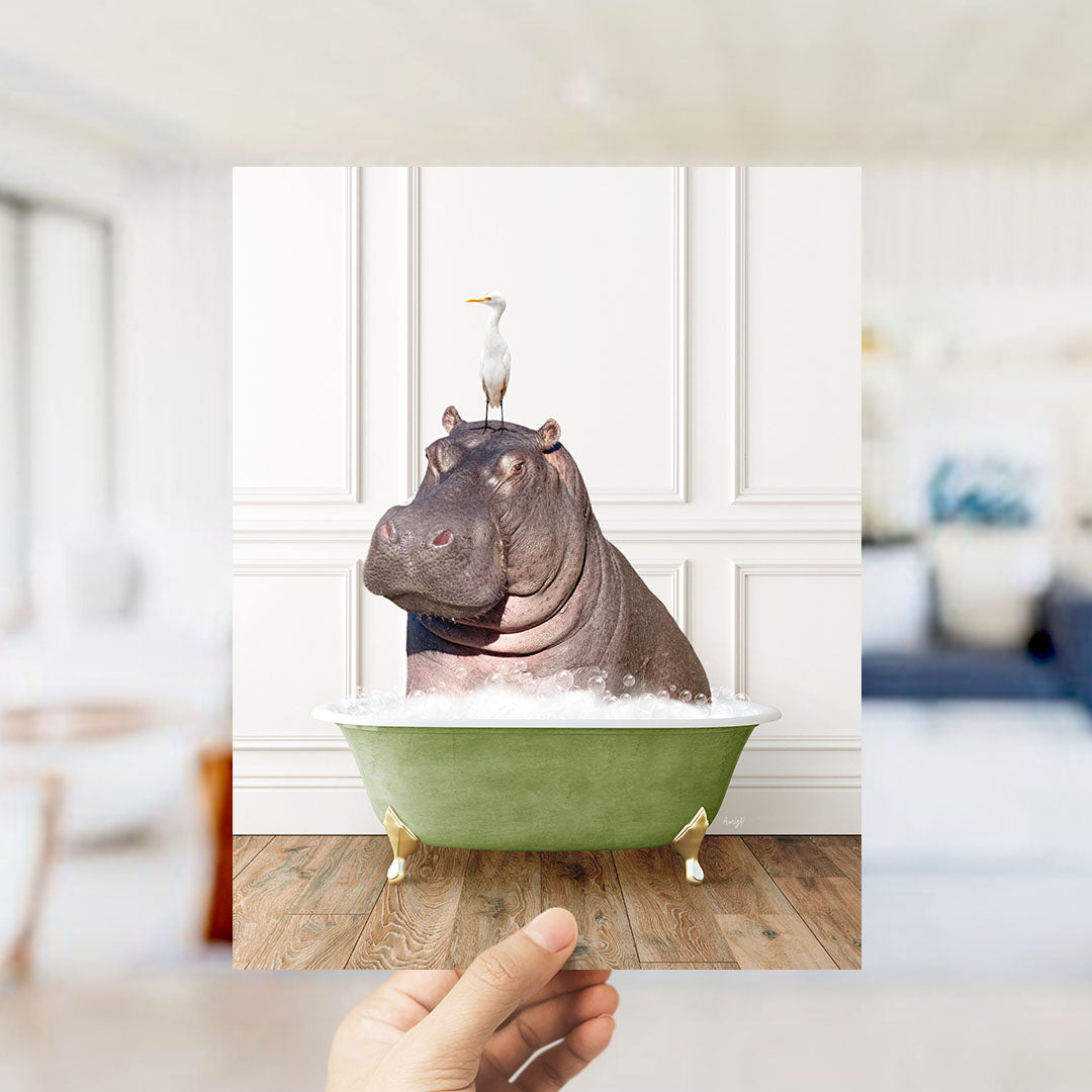 A hand holds up a photograph of a hippopotamus sitting in a bathtub, with a seagull perched on its head.