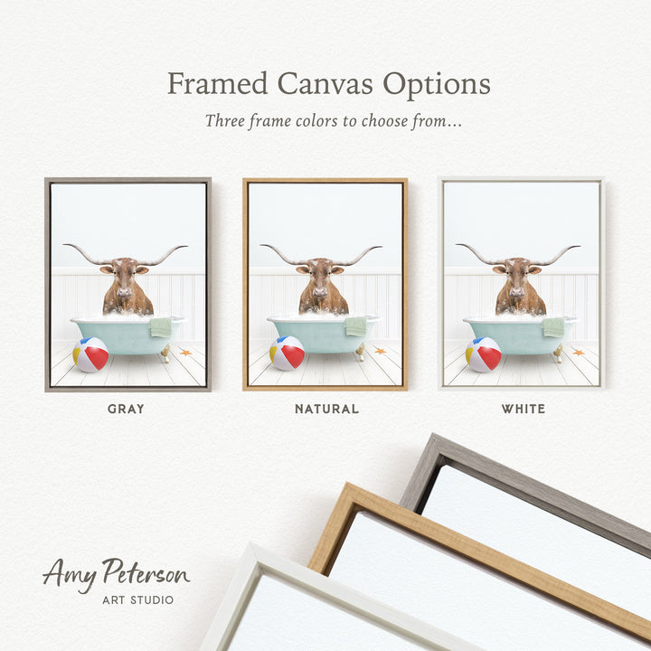 The image is a framed canvas option featuring three different color options for a painting of a cow in a bathtub, with beach balls and a towel nearby.