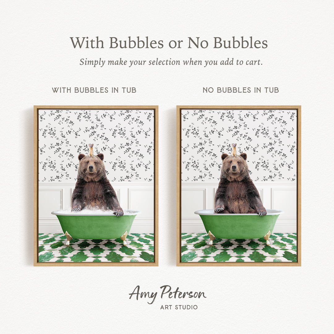 The image is a collage of two pictures featuring a bear sitting in a green bathtub. The bear is sitting on a green bathtub with a patterned design, and it appears to be enjoying a bath. The bear is also wearing a crown, adding a whimsical touch to the scene. The collage is framed with a gold border, and the text "With Bubbles or No Bubbles" is displayed above the images.
